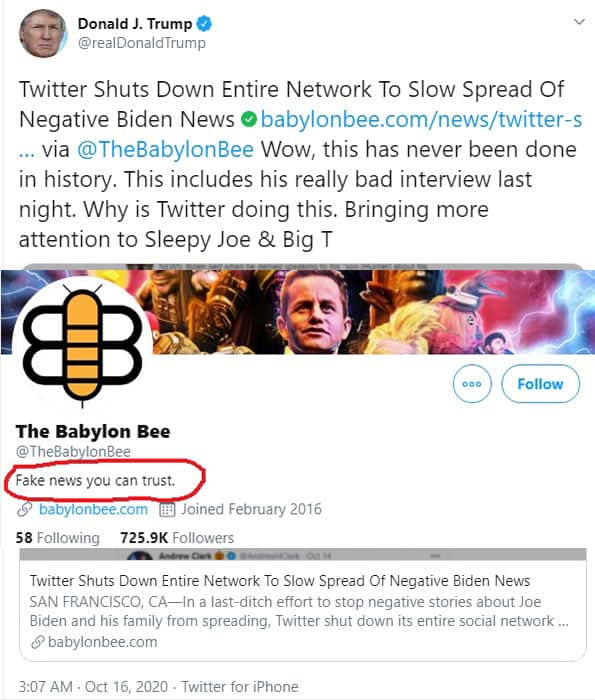 Not sure if Trump realizes the Babylon Bee is Satire