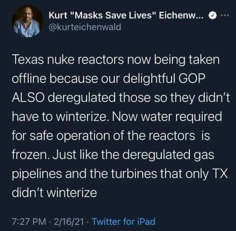 I’m sure Texas Governor Greg Abbott will blame The Green New Deal that hasn’t passed Congress some more or something