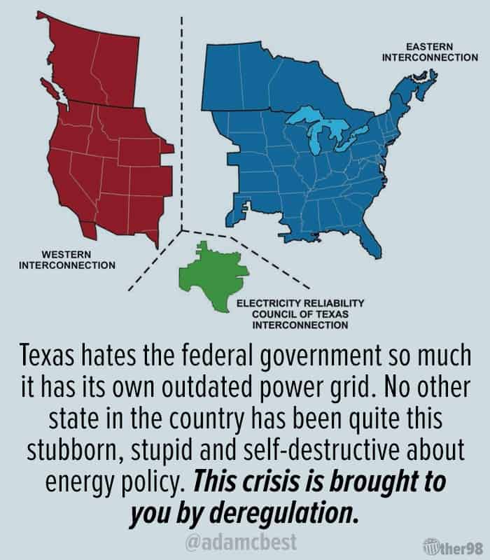 Texas is the ONLY state in the U.S. with no De-icing and Winterizing programs for its Wind Turbines, Solar Panels, Gas Lines, Water Lines, and EVEN its Nuclear Power Plants!