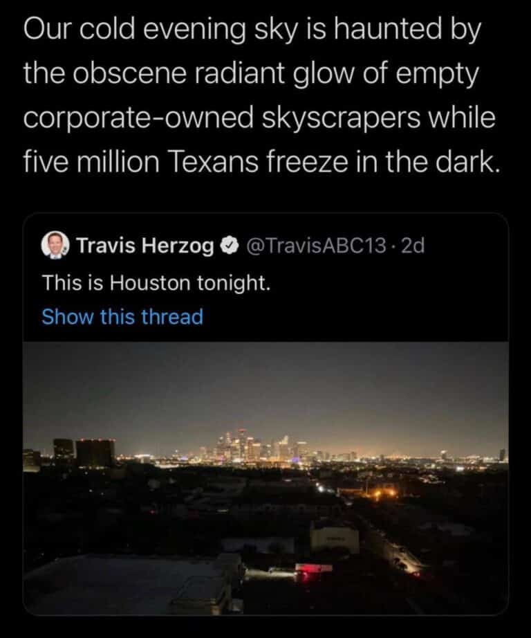 Houston, we have a BIG problem… empty corporate skyscrapers radiate in the night while millions of Texans freeze