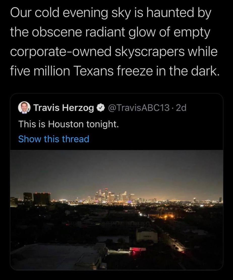Houston, we have a BIG problem... empty corporate skyscrapers radiate in the night while millions of Texans freeze 3