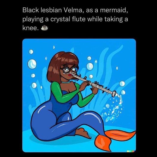 Black lesbian Velma, as a mermaid, playing a crystal flute while taking a knee.