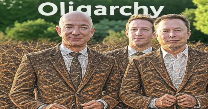 Bernie Sanders and the Growing Concern of Oligarchy in America mark zuckerberg jeff bezos and elon musk standing together with the word oligarchy over their heads