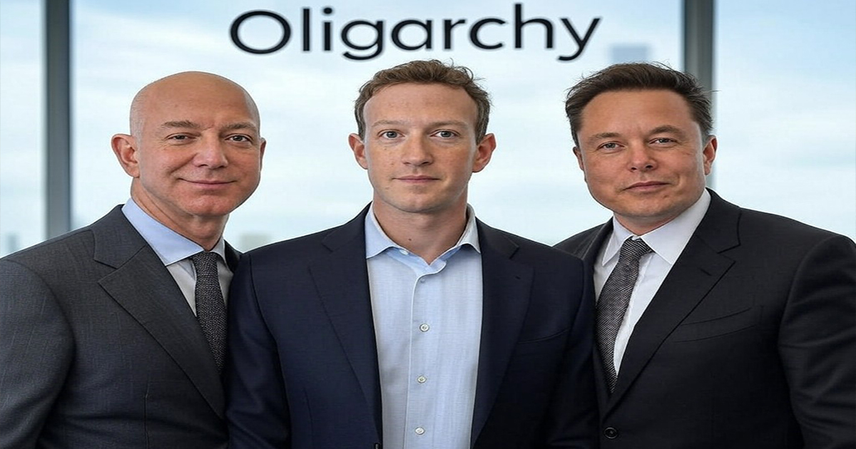 Bernie Sanders and the Growing Concern of Oligarchy in America mark zuckerberg jeff bezos and elon musk standing together with the word oligarchy over their heads